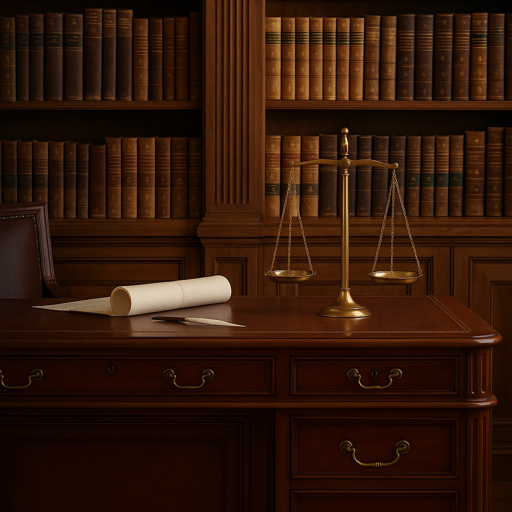 Despacho jurídico con biblioteca y balanza